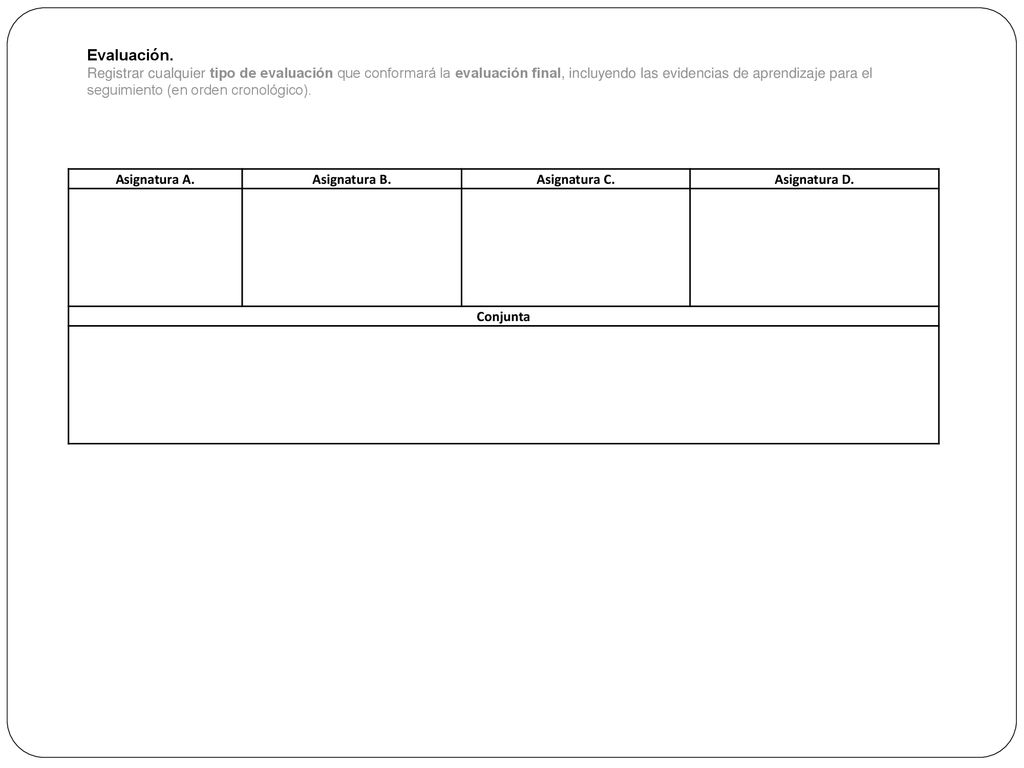 Evaluación. Registrar cualquier tipo de evaluación que conformará la evaluación final, incluyendo las evidencias de aprendizaje para el seguimiento (en orden cronológico).