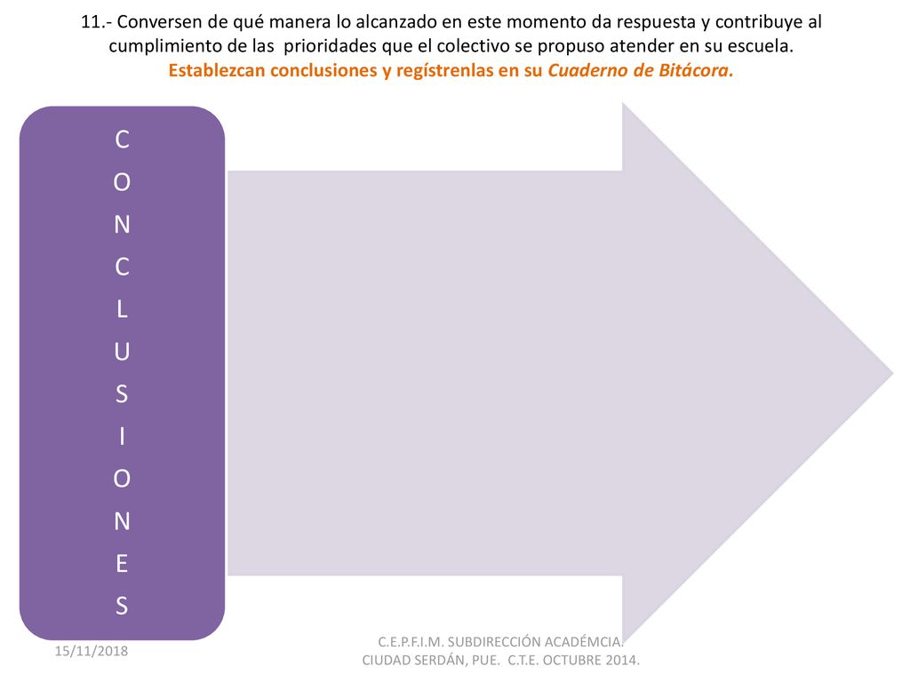11.- Conversen de qué manera lo alcanzado en este momento da respuesta y contribuye al cumplimiento de las prioridades que el colectivo se propuso atender en su escuela. Establezcan conclusiones y regístrenlas en su Cuaderno de Bitácora.