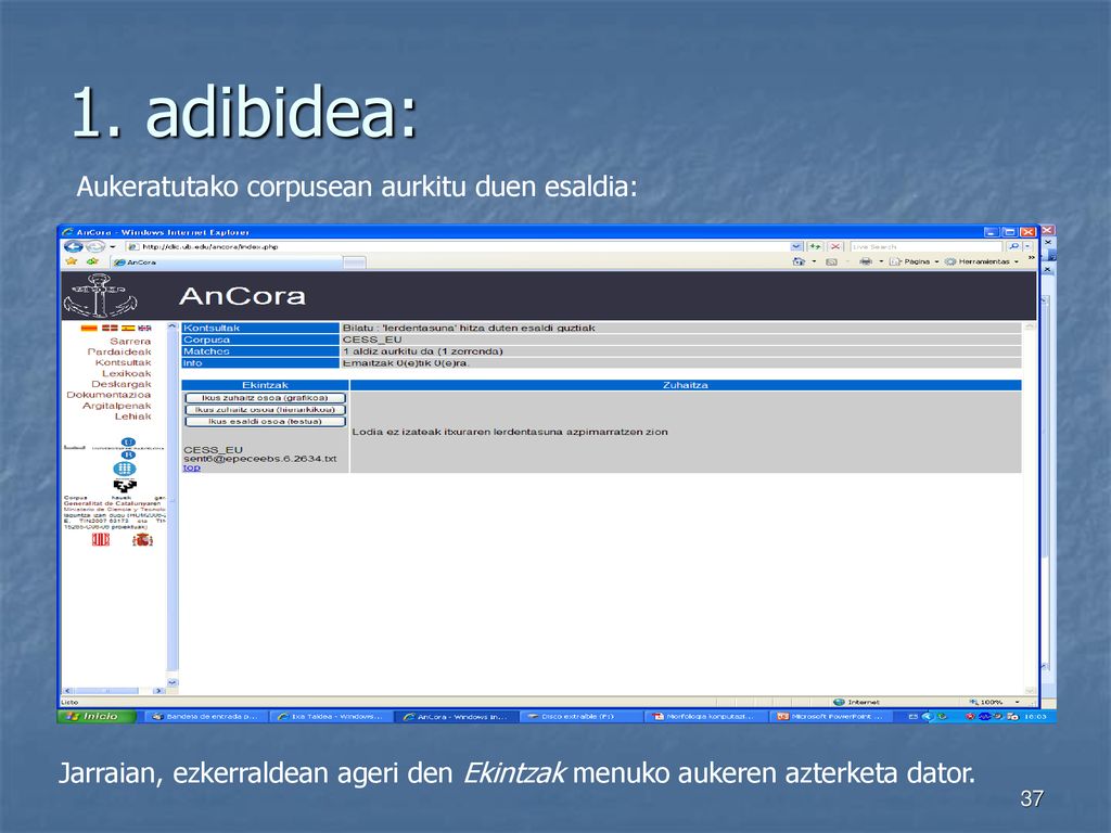 1. adibidea: Aukeratutako corpusean aurkitu duen esaldia: