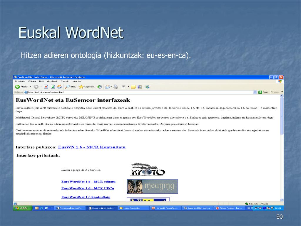 Euskal WordNet Hitzen adieren ontologia (hizkuntzak: eu-es-en-ca).