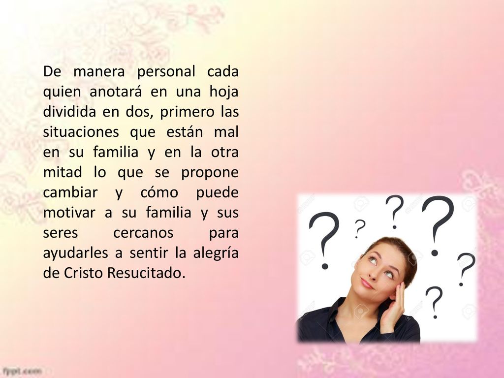 De manera personal cada quien anotará en una hoja dividida en dos, primero las situaciones que están mal en su familia y en la otra mitad lo que se propone cambiar y cómo puede motivar a su familia y sus seres cercanos para ayudarles a sentir la alegría de Cristo Resucitado.