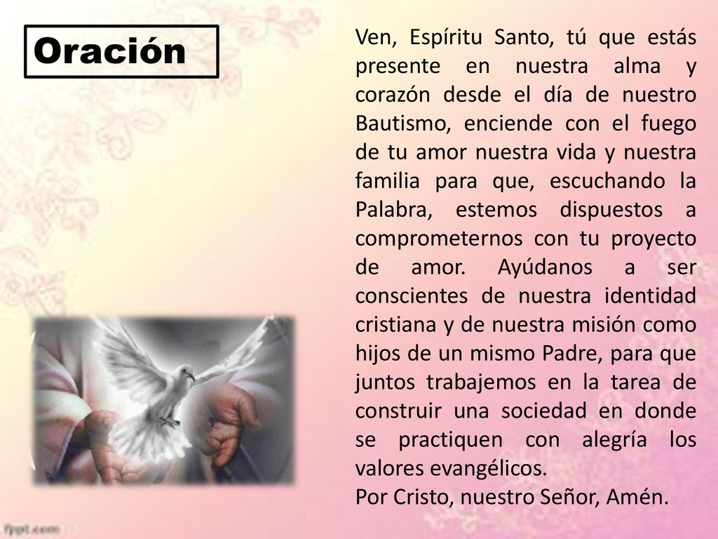 Ven, Espíritu Santo, tú que estás presente en nuestra alma y corazón desde el día de nuestro Bautismo, enciende con el fuego de tu amor nuestra vida y nuestra familia para que, escuchando la Palabra, estemos dispuestos a comprometernos con tu proyecto de amor. Ayúdanos a ser conscientes de nuestra identidad cristiana y de nuestra misión como hijos de un mismo Padre, para que juntos trabajemos en la tarea de construir una sociedad en donde se practiquen con alegría los valores evangélicos.