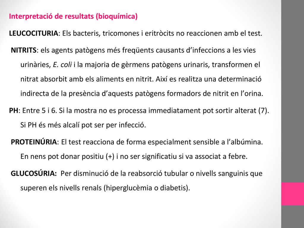 Interpretació de resultats (bioquímica) LEUCOCITURIA: Els bacteris, tricomones i eritròcits no reaccionen amb el test.