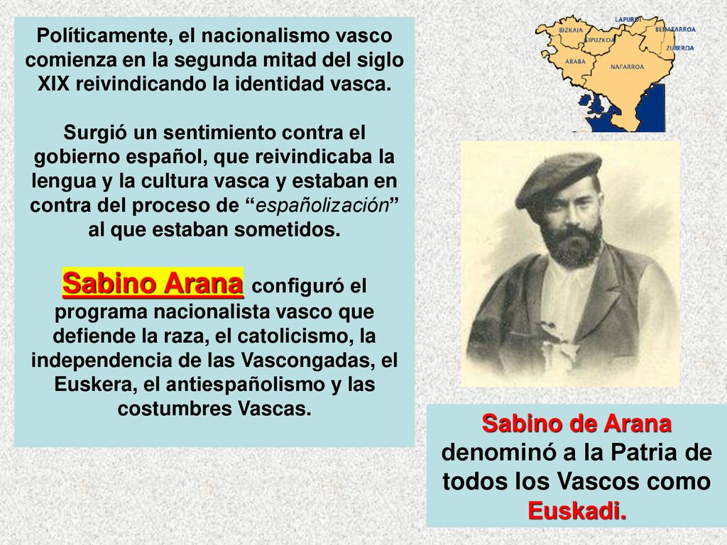 Sabino de Arana denominó a la Patria de todos los Vascos como Euskadi.