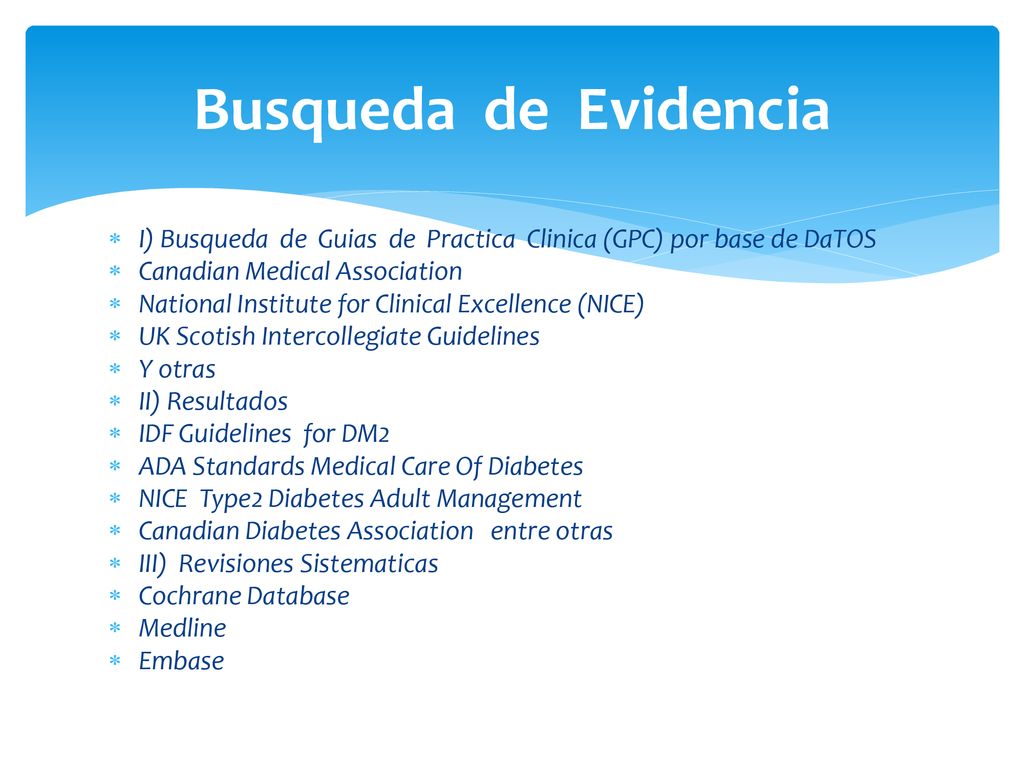 Busqueda de Evidencia I) Busqueda de Guias de Practica Clinica (GPC) por base de DaTOS. Canadian Medical Association.