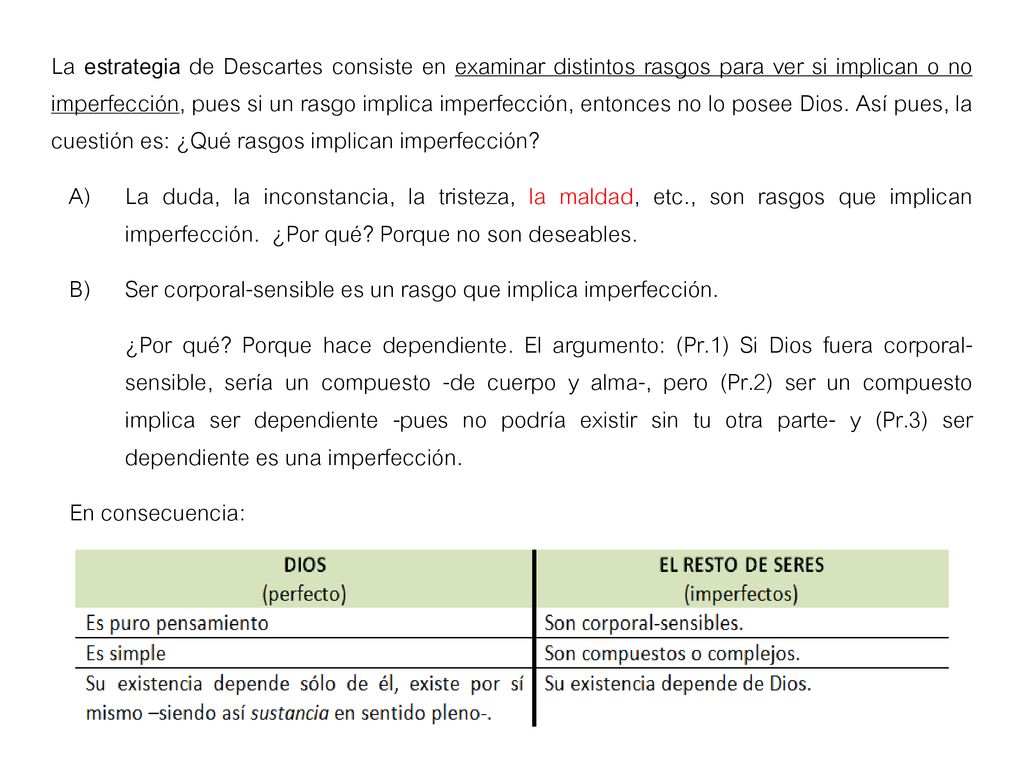 La estrategia de Descartes consiste en examinar distintos rasgos para ver si implican o no imperfección, pues si un rasgo implica imperfección, entonces no lo posee Dios. Así pues, la cuestión es: ¿Qué rasgos implican imperfección