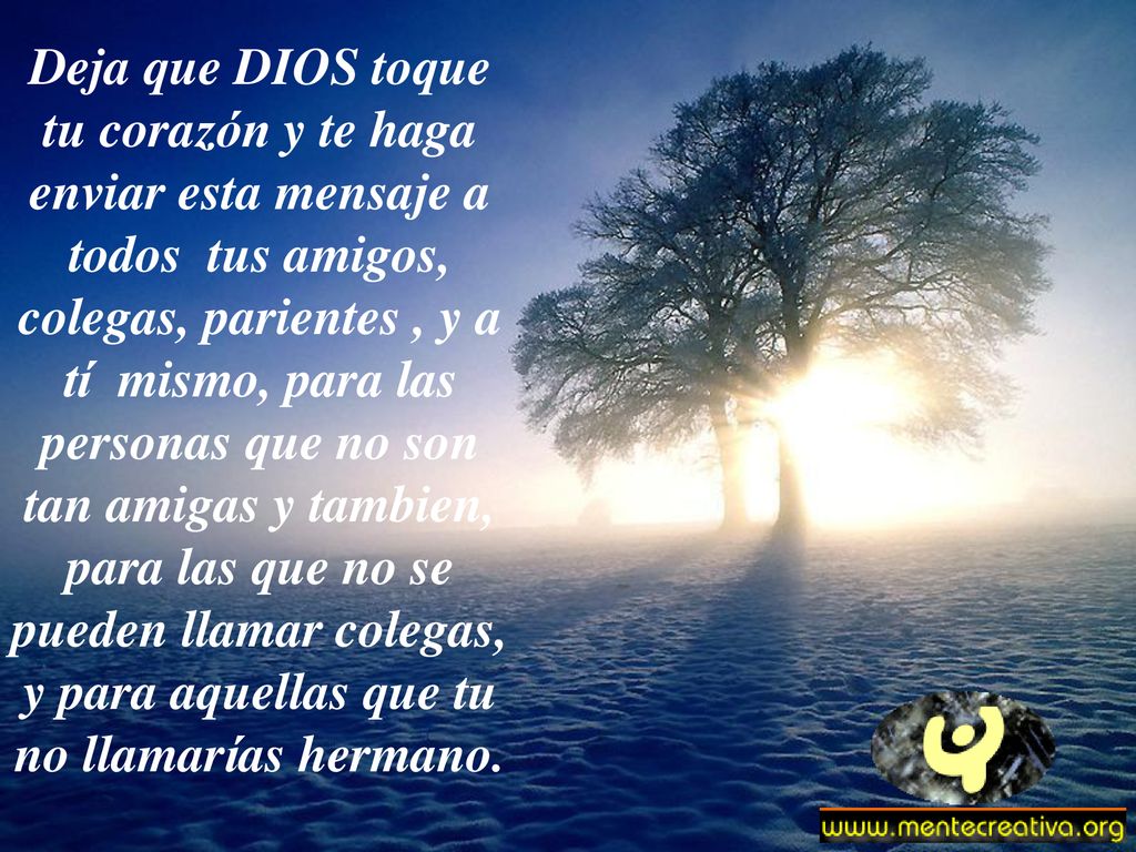 Deja que DIOS toque tu corazón y te haga enviar esta mensaje a todos tus amigos, colegas, parientes , y a tí mismo, para las personas que no son tan amigas y tambien, para las que no se pueden llamar colegas, y para aquellas que tu no llamarías hermano.