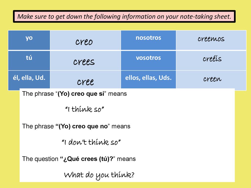 creo crees cree creemos creéis creen I think so I don’t think so
