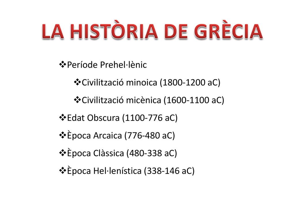 Període Prehel·lènic Civilització minoica ( aC) Civilització micènica ( aC) Edat Obscura ( aC)