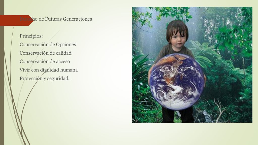 Derecho de Futuras Generaciones Principios: Conservación de Opciones Conservación de calidad Conservación de acceso Vivir con dignidad humana Protección y seguridad. .