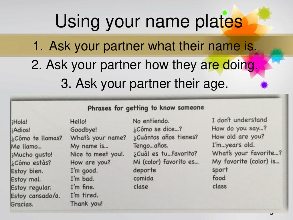 Using your name plates Ask your partner what their name is.