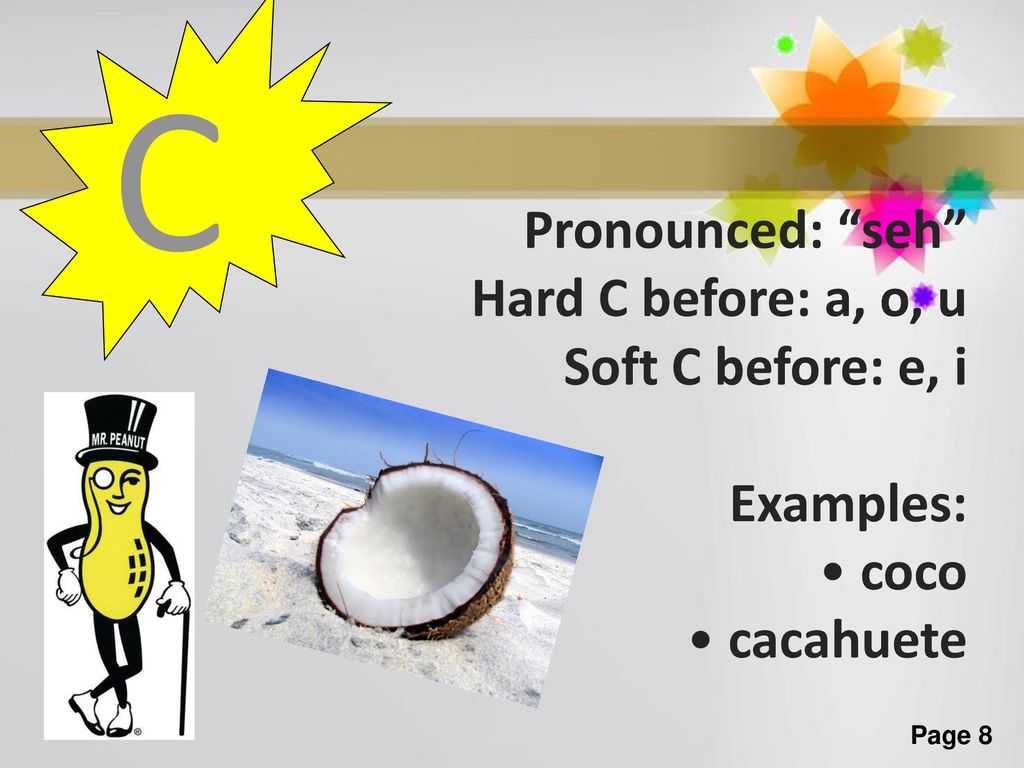 C Pronounced: seh Hard C before: a, o, u Soft C before: e, i