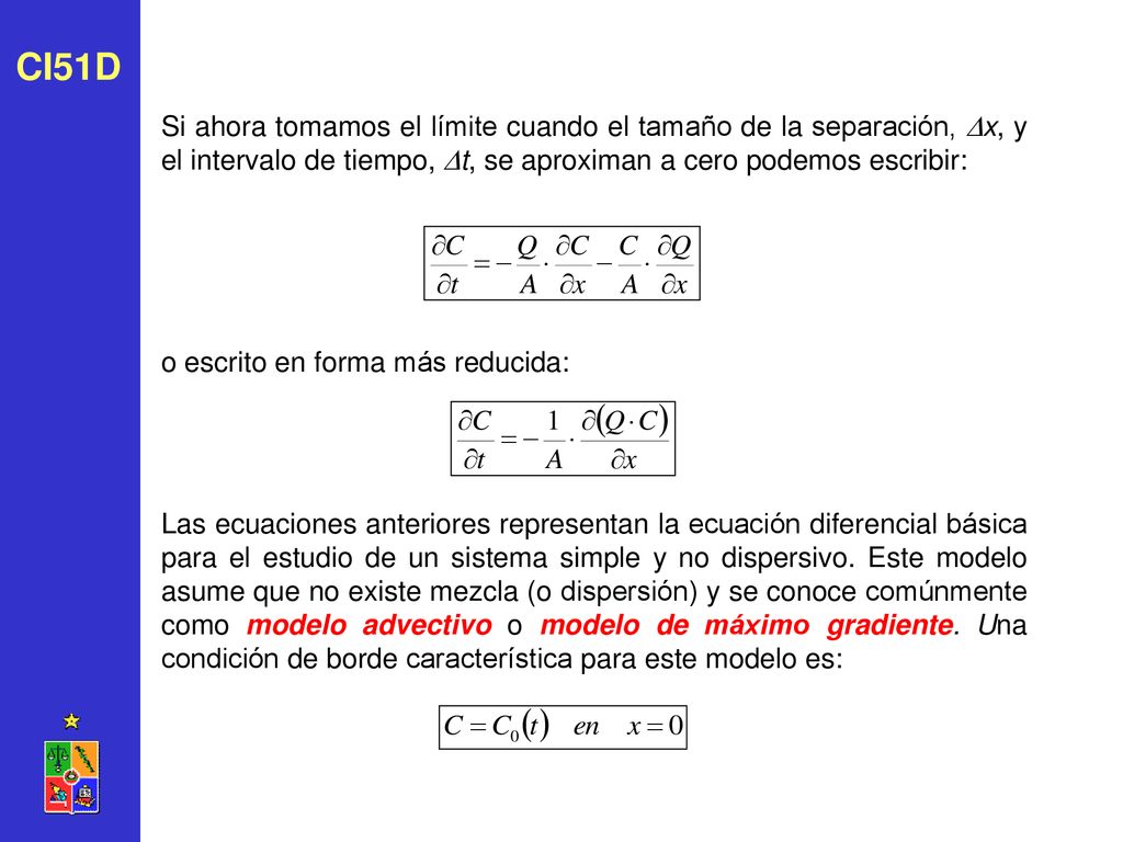 CI51D Si ahora tomamos el límite cuando el tamaño de la separación, x, y el intervalo de tiempo, t, se aproximan a cero podemos escribir: