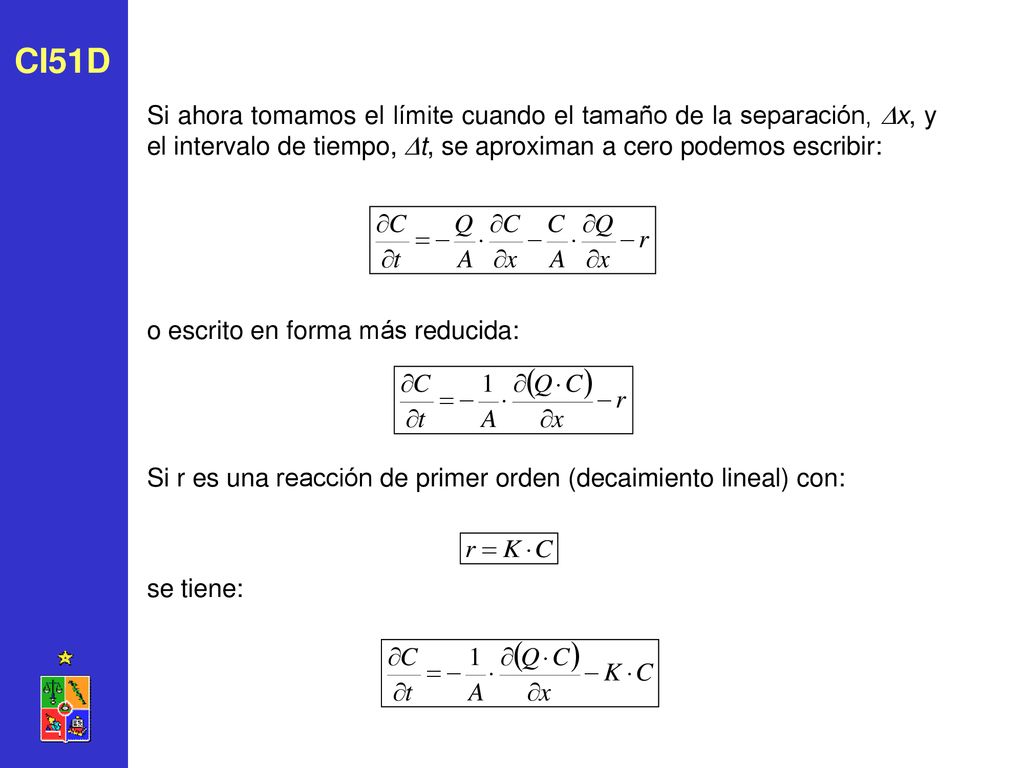 CI51D Si ahora tomamos el límite cuando el tamaño de la separación, x, y el intervalo de tiempo, t, se aproximan a cero podemos escribir: