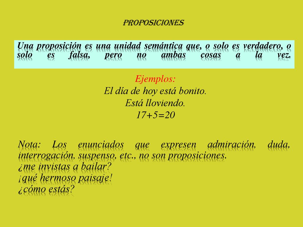 Ejemplos: El día de hoy está bonito. Está lloviendo. 17+5=20