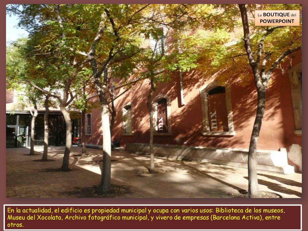 En la actualidad, el edificio es propiedad municipal y ocupa con varios usos: Biblioteca de los museos, Museu del Xocolata, Archivo fotográfico municipal, y vivero de empresas (Barcelona Activa), entre otros.