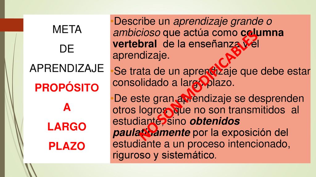 NO SON MODIFICABLES META DE APRENDIZAJE PROPÓSITO A LARGO PLAZO