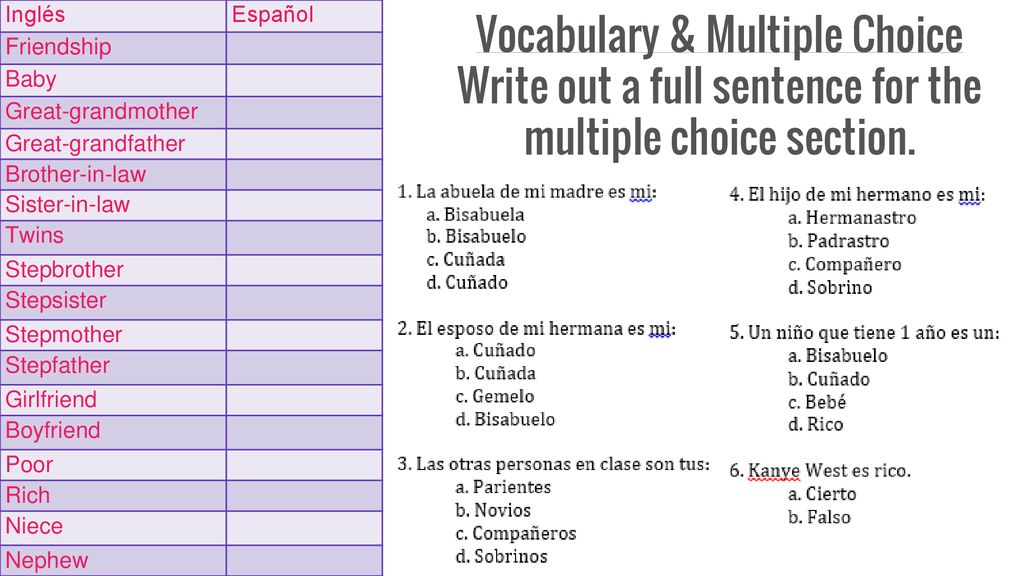 Vocabulary & Multiple Choice Write out a full sentence for the multiple choice section.