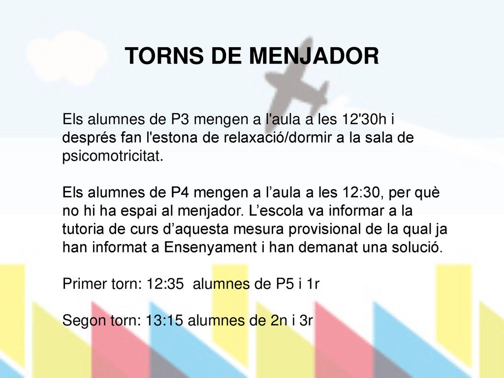 TORNS DE MENJADOR Els alumnes de P3 mengen a l aula a les 12 30h i després fan l estona de relaxació/dormir a la sala de psicomotricitat.