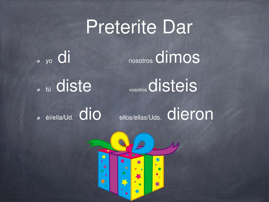 Preterite Dar yo di nosotros dimos tú diste vosotros disteis