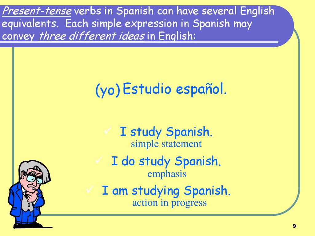 (yo) Estudio español. I study Spanish. I do study Spanish.