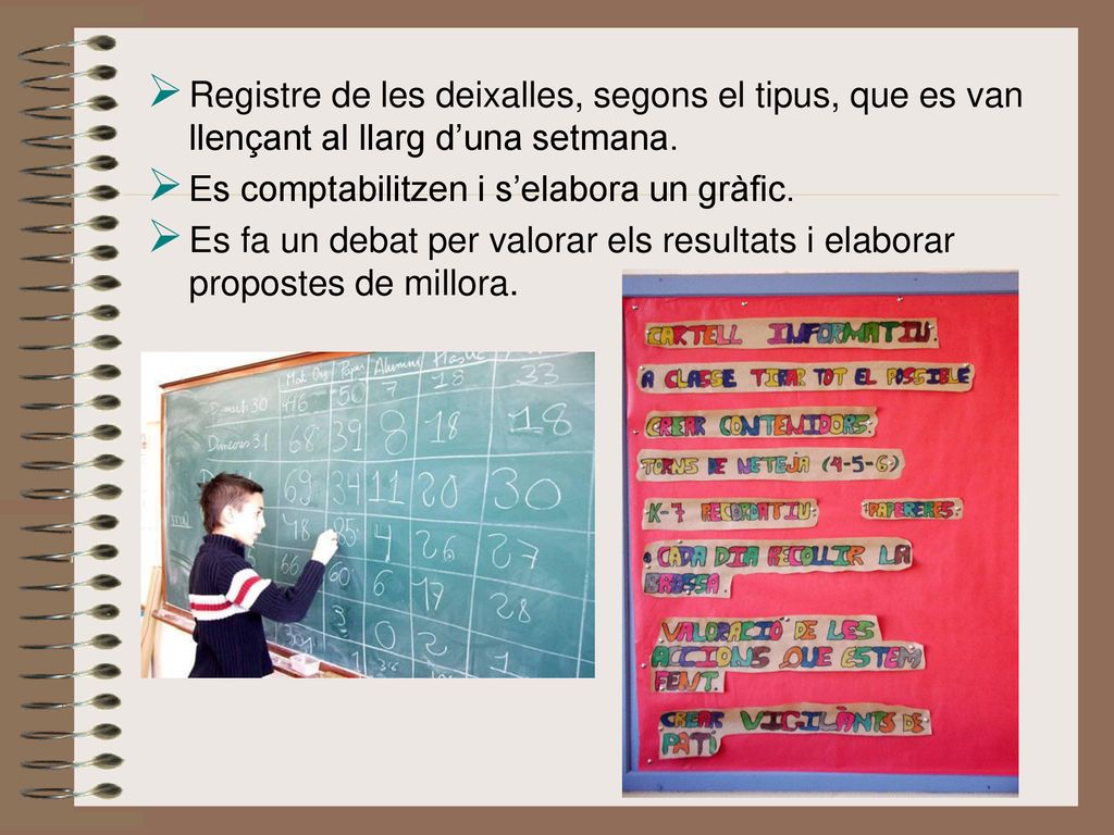 Registre de les deixalles, segons el tipus, que es van llençant al llarg d’una setmana.