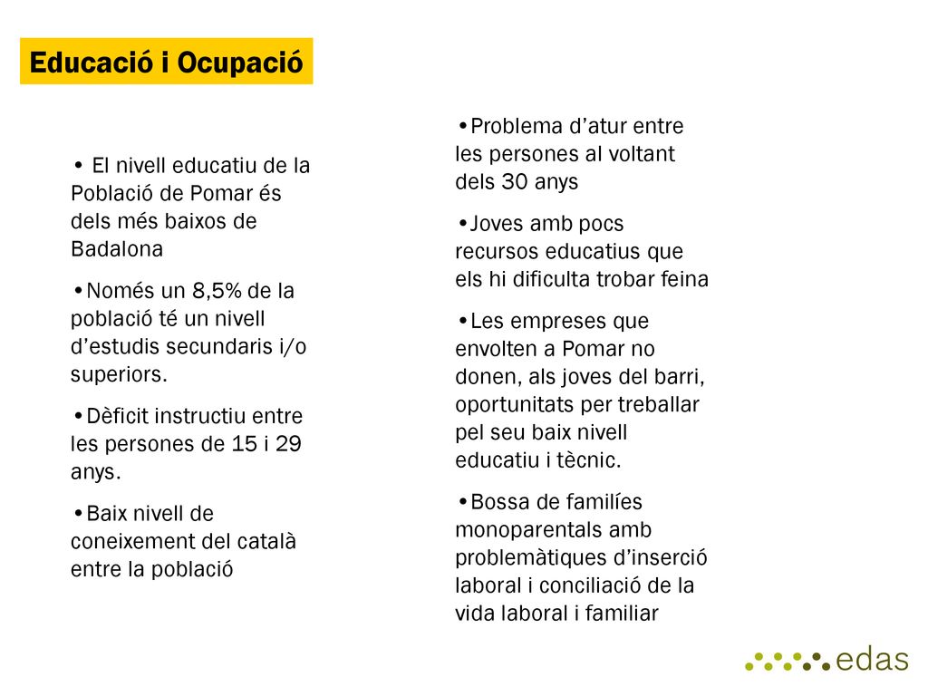Educació i Ocupació Problema d’atur entre les persones al voltant dels 30 anys. Joves amb pocs recursos educatius que els hi dificulta trobar feina.
