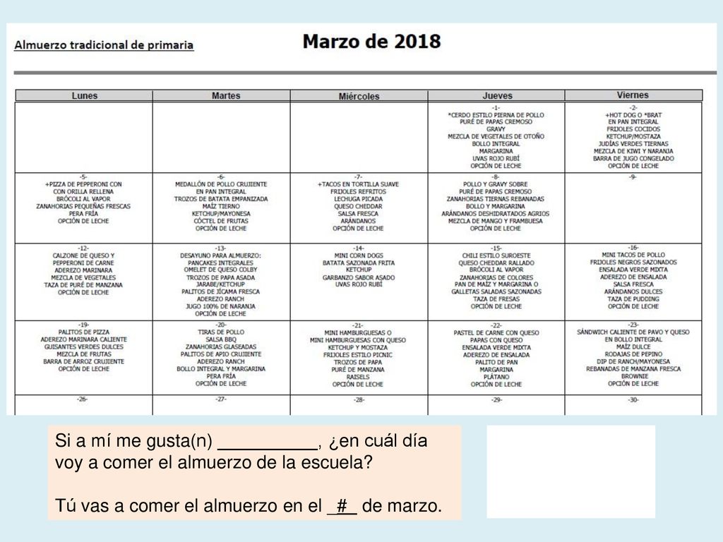 Si a mí me gusta(n) __________, ¿en cuál día voy a comer el almuerzo de la escuela