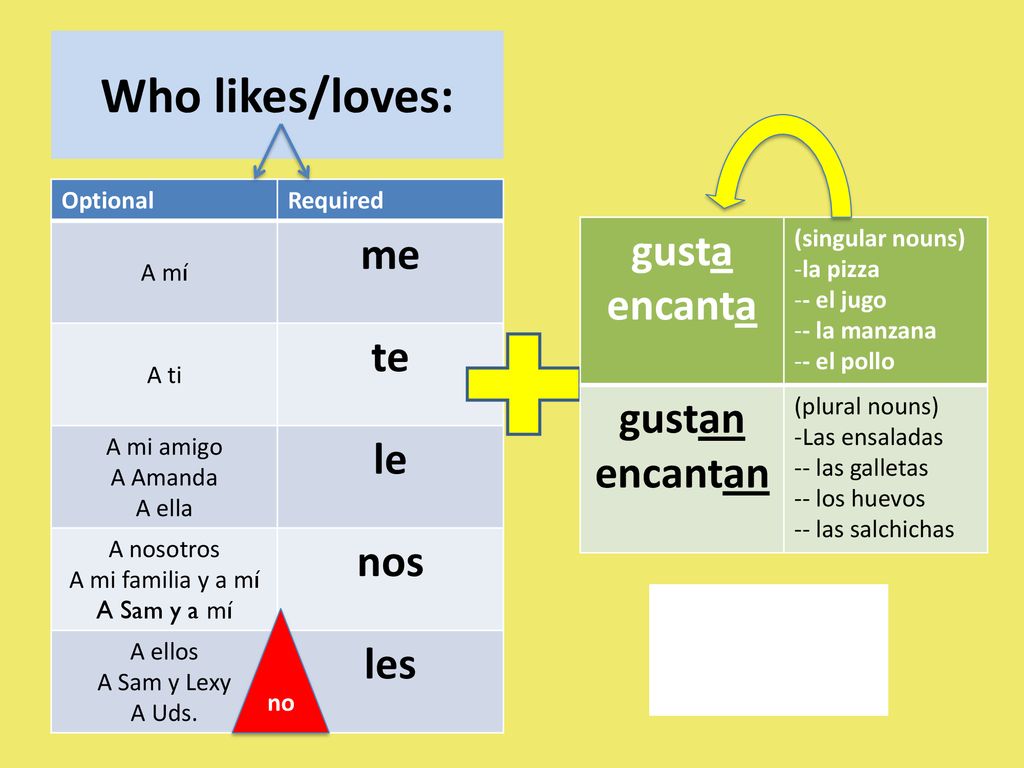 Who likes/loves: gusta me encanta te gustan encantan le nos les