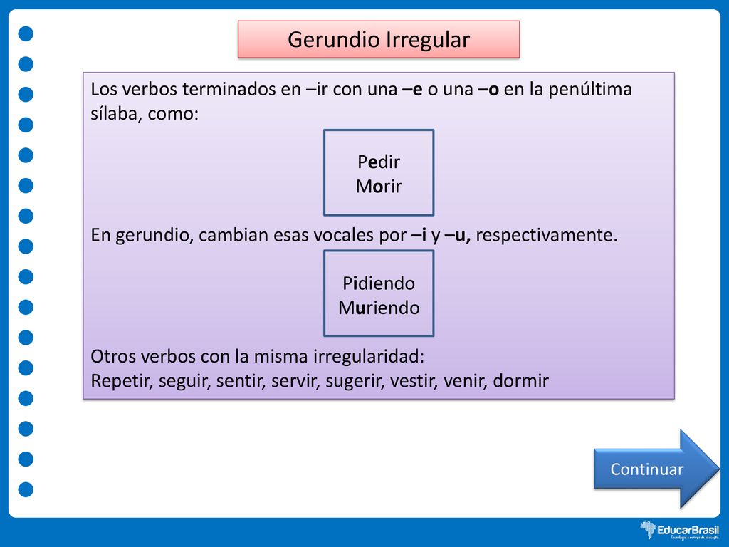 Gerundio Irregular Los verbos terminados en –ir con una –e o una –o en la penúltima sílaba, como: Pedir.