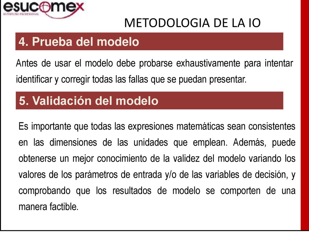 METODOLOGIA DE LA IO 4. Prueba del modelo 5. Validación del modelo
