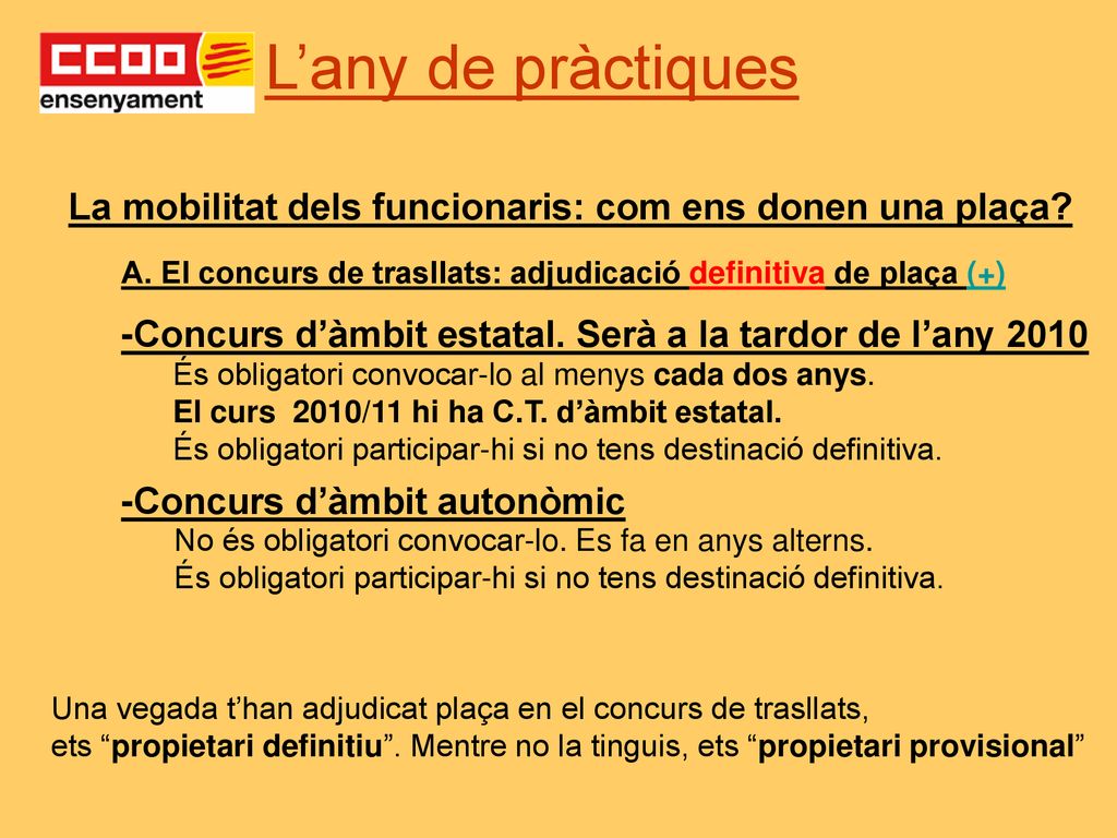 L’any de pràctiques La mobilitat dels funcionaris: com ens donen una plaça A. El concurs de trasllats: adjudicació definitiva de plaça (+)
