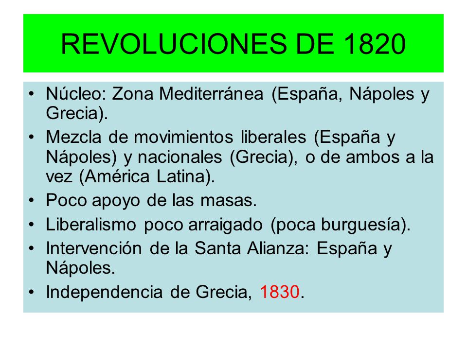 REVOLUCIONES DE 1820 Núcleo: Zona Mediterránea (España, Nápoles y Grecia).