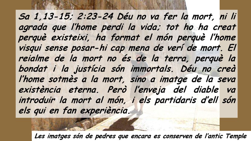 Sa 1,13-15; 2:23-24 Déu no va fer la mort, ni li agrada que l’home perdi la vida; tot ho ha creat perquè existeixi, ha format el món perquè l’home visqui sense posar-hi cap mena de verí de mort. El reialme de la mort no és de la terra, perquè la bondat i la justícia són immortals. Déu no creà l’home sotmès a la mort, sino a imatge de la seva existència eterna. Però l’enveja del diable va introduir la mort al món, i els partidaris d’ell són els qui en fan experiència.