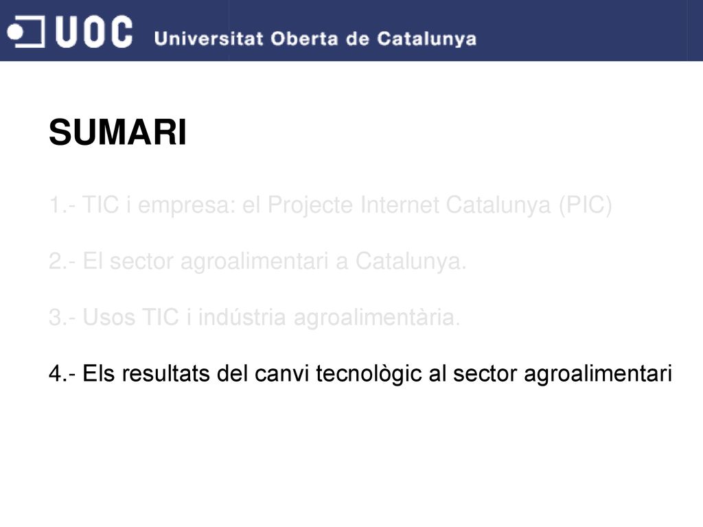 SUMARI 1.- TIC i empresa: el Projecte Internet Catalunya (PIC)