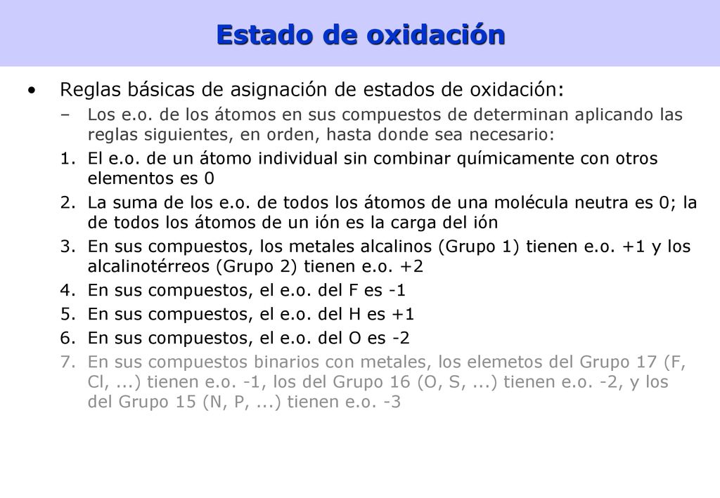 Estado de oxidación Reglas básicas de asignación de estados de oxidación: