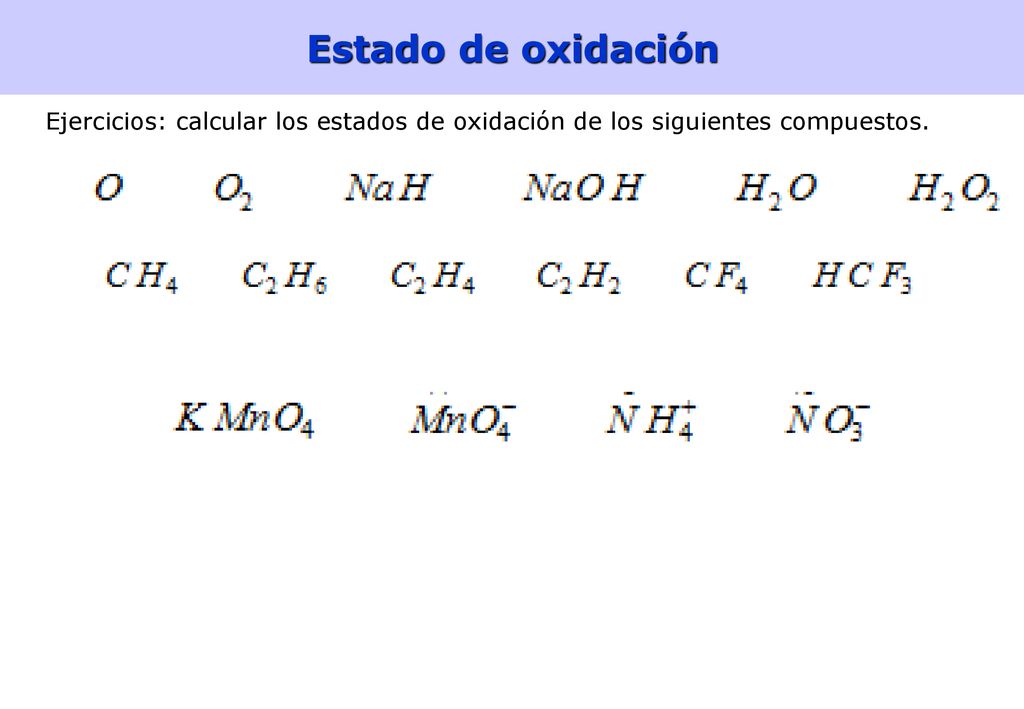 Estado de oxidación Ejercicios: calcular los estados de oxidación de los siguientes compuestos.