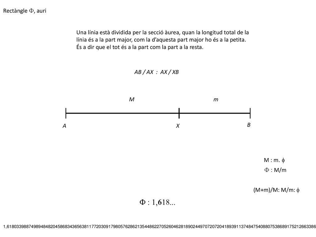 Rectàngle F, auri Una línia està dividida per la secció àurea, quan la longitud total de la.