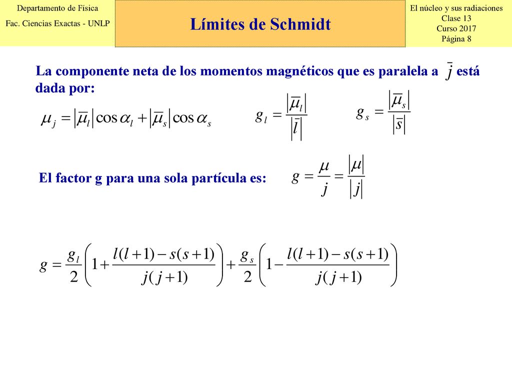 Límites de Schmidt La componente neta de los momentos magnéticos que es paralela a está dada por: