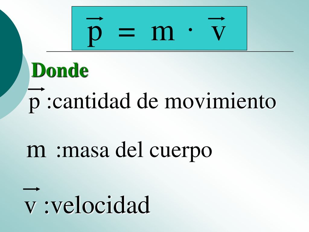 p = m · v m v :velocidad p :cantidad de movimiento :masa del cuerpo