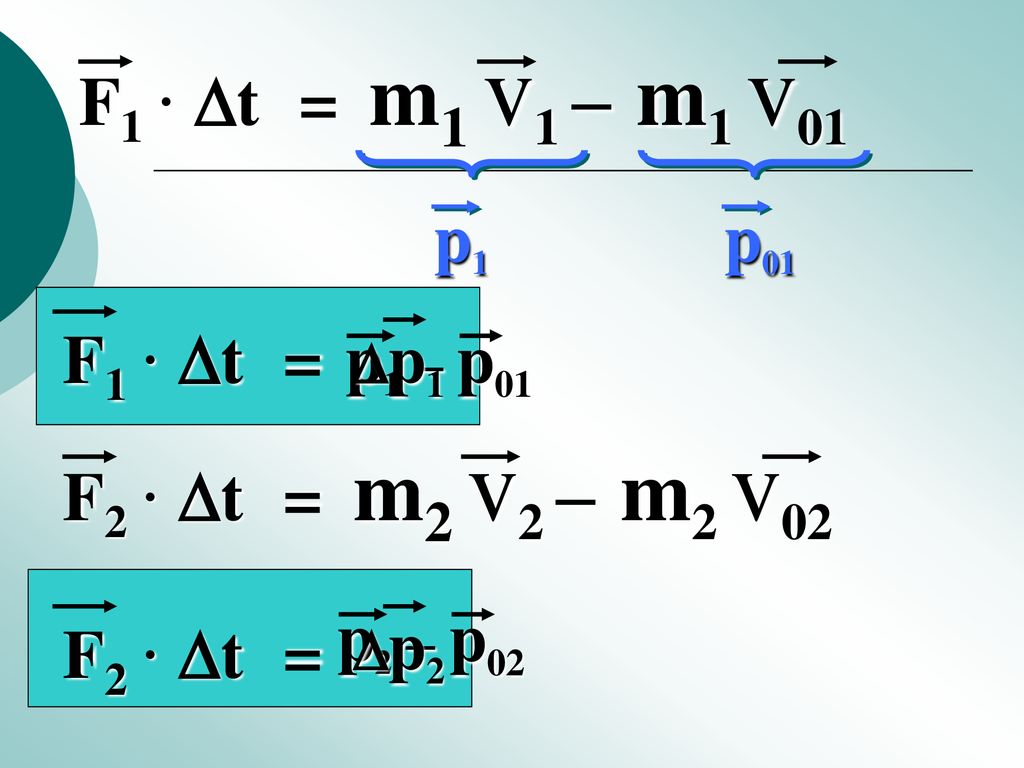m1 v1 – m1 v01 m2 v2 – m2 v02 F1 · t = p1 p01 F1 · t = p1 – p01