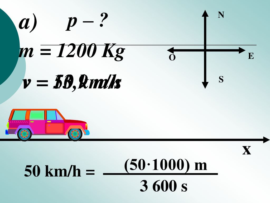 a) p – m = 1200 Kg v = 13,9 m/s v = 50 km/h x (50·1000) m 50 km/h =