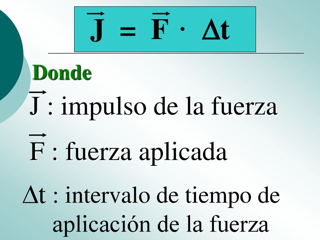 J = F · t J : impulso de la fuerza F : fuerza aplicada t