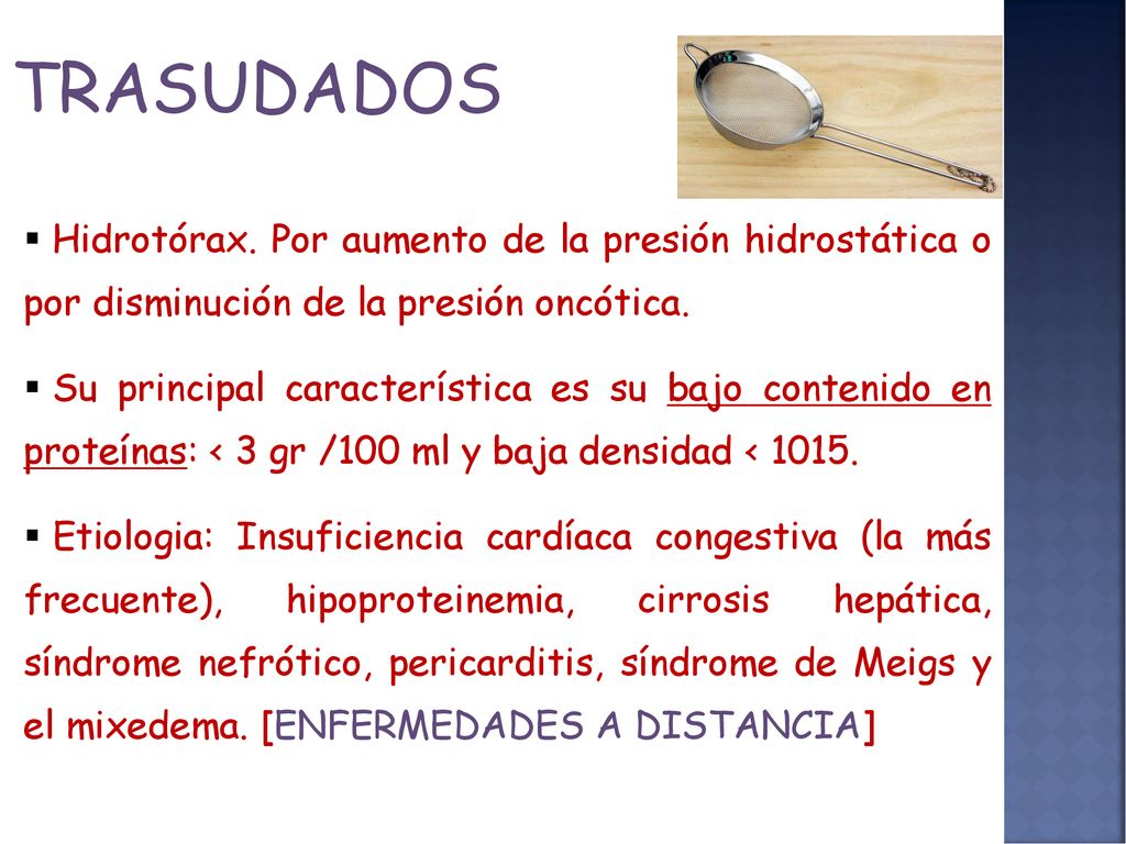 TRASUDADOS Hidrotórax. Por aumento de la presión hidrostática o por disminución de la presión oncótica.
