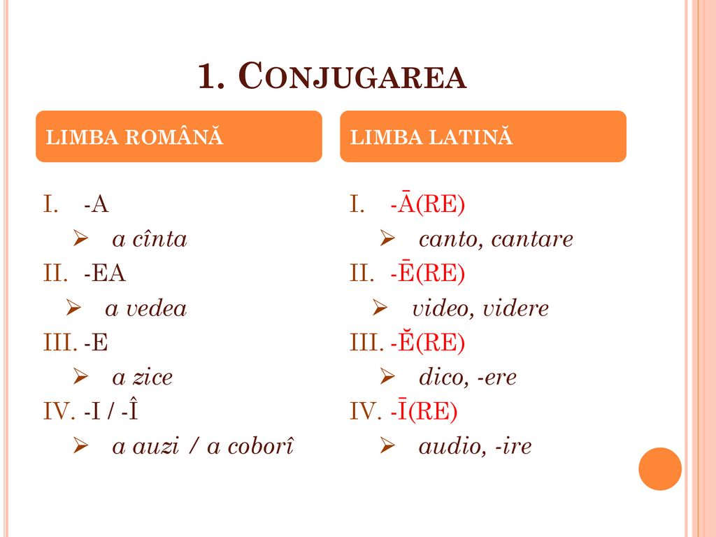 1. Conjugarea -A a cînta -EA a vedea -E a zice -I / -Î