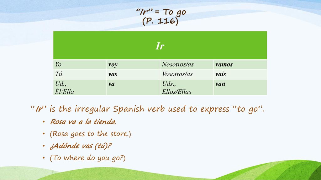 Ir = To go (P. 116) Ir. Yo. voy. Nosotros/as. vamos. Tú. vas. Vosotros/as. vais. Ud., Él/Ella.