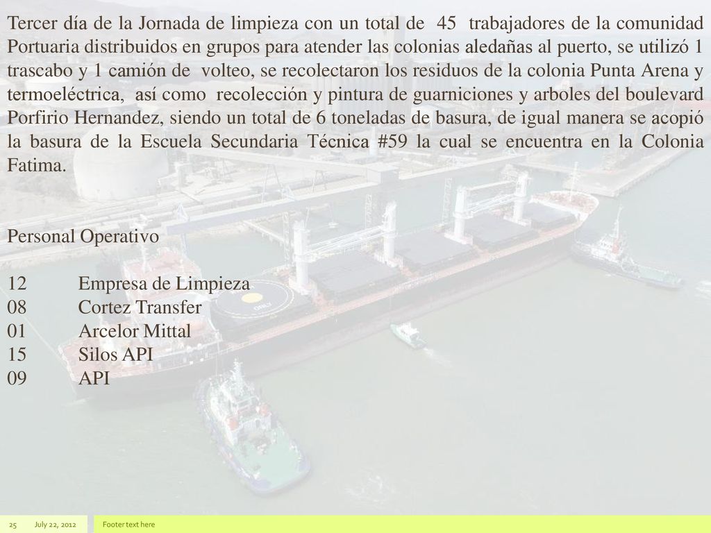 Tercer día de la Jornada de limpieza con un total de 45 trabajadores de la comunidad Portuaria distribuidos en grupos para atender las colonias aledañas al puerto, se utilizó 1 trascabo y 1 camión de volteo, se recolectaron los residuos de la colonia Punta Arena y termoeléctrica, así como recolección y pintura de guarniciones y arboles del boulevard Porfirio Hernandez, siendo un total de 6 toneladas de basura, de igual manera se acopió la basura de la Escuela Secundaria Técnica #59 la cual se encuentra en la Colonia Fatima.
