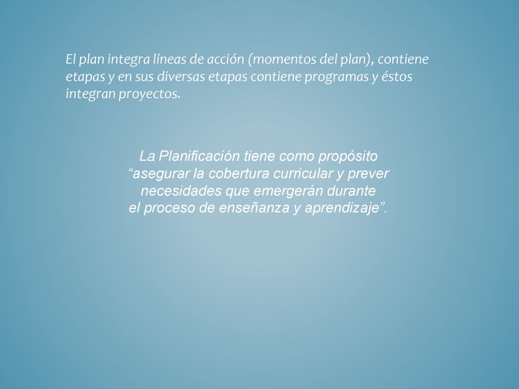 El plan integra líneas de acción (momentos del plan), contiene etapas y en sus diversas etapas contiene programas y éstos integran proyectos.