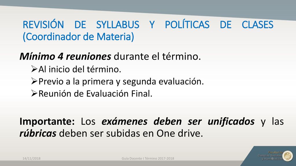 REVISIÓN DE SYLLABUS Y POLÍTICAS DE CLASES (Coordinador de Materia)