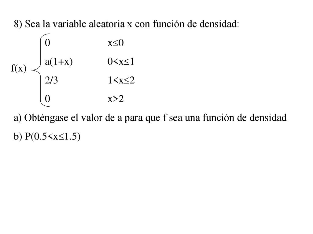 8) Sea la variable aleatoria x con función de densidad: